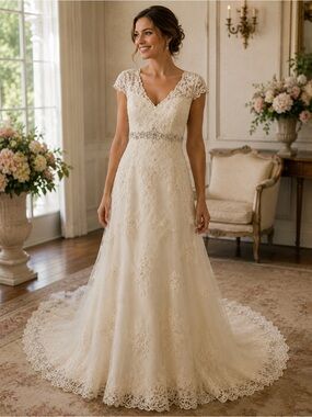 David's Bridal Ivory Lace A-Line Wedding Gown with Beaded Belt